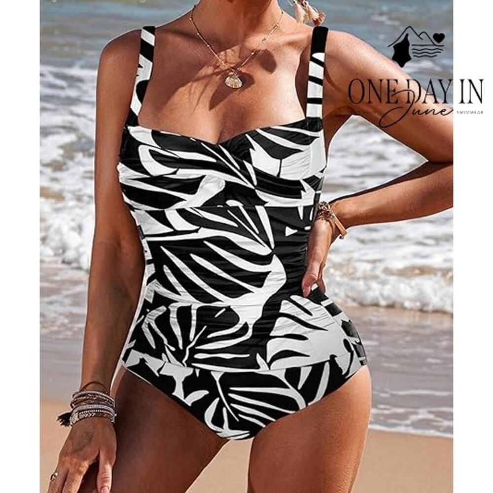 Ekouaer Twist Front Tummy Control One Piece Swimsuit Black White NWT Size XL